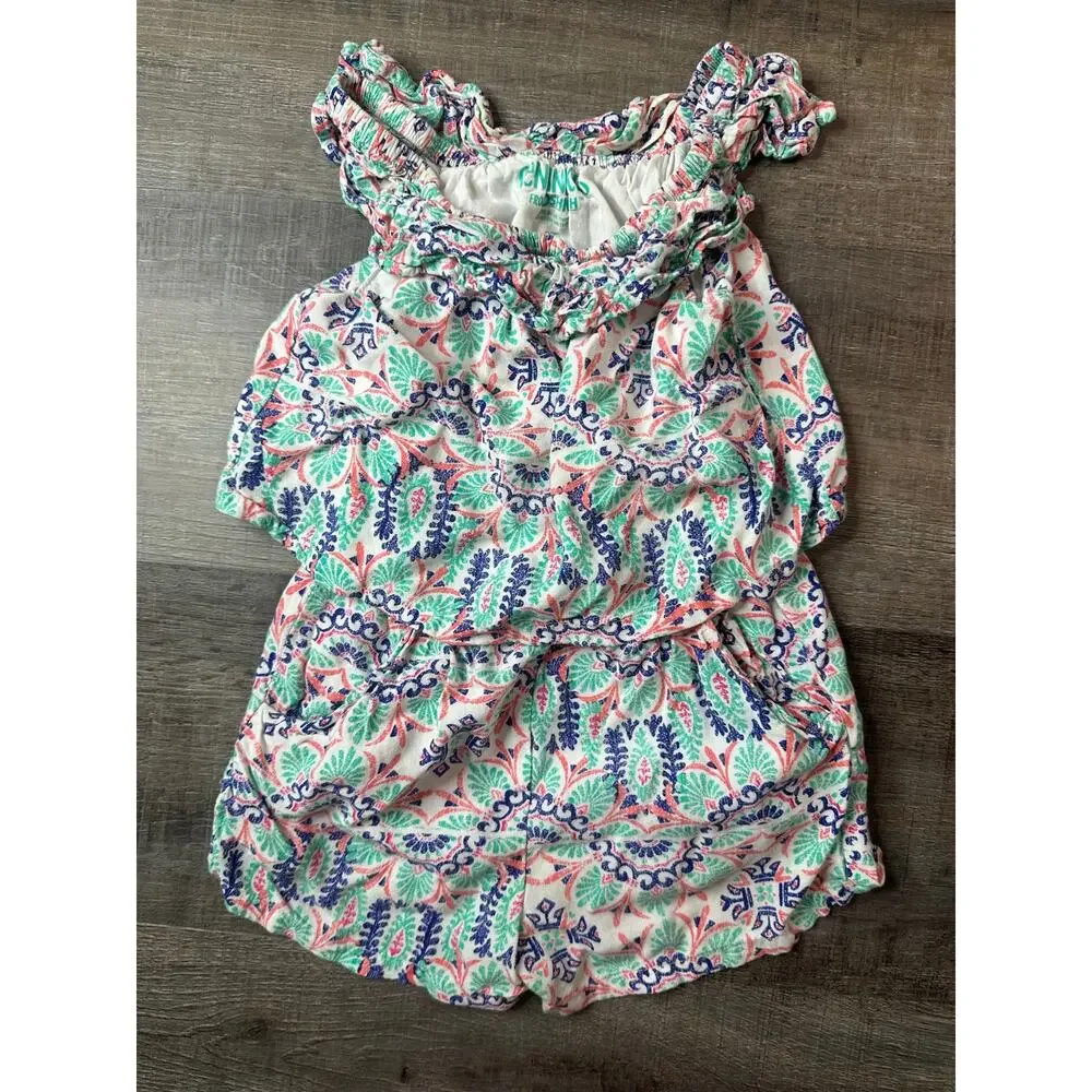 Genuine Kids Romper with Fringe Neckline White Blue, Coral Aqua Design Girls 2T